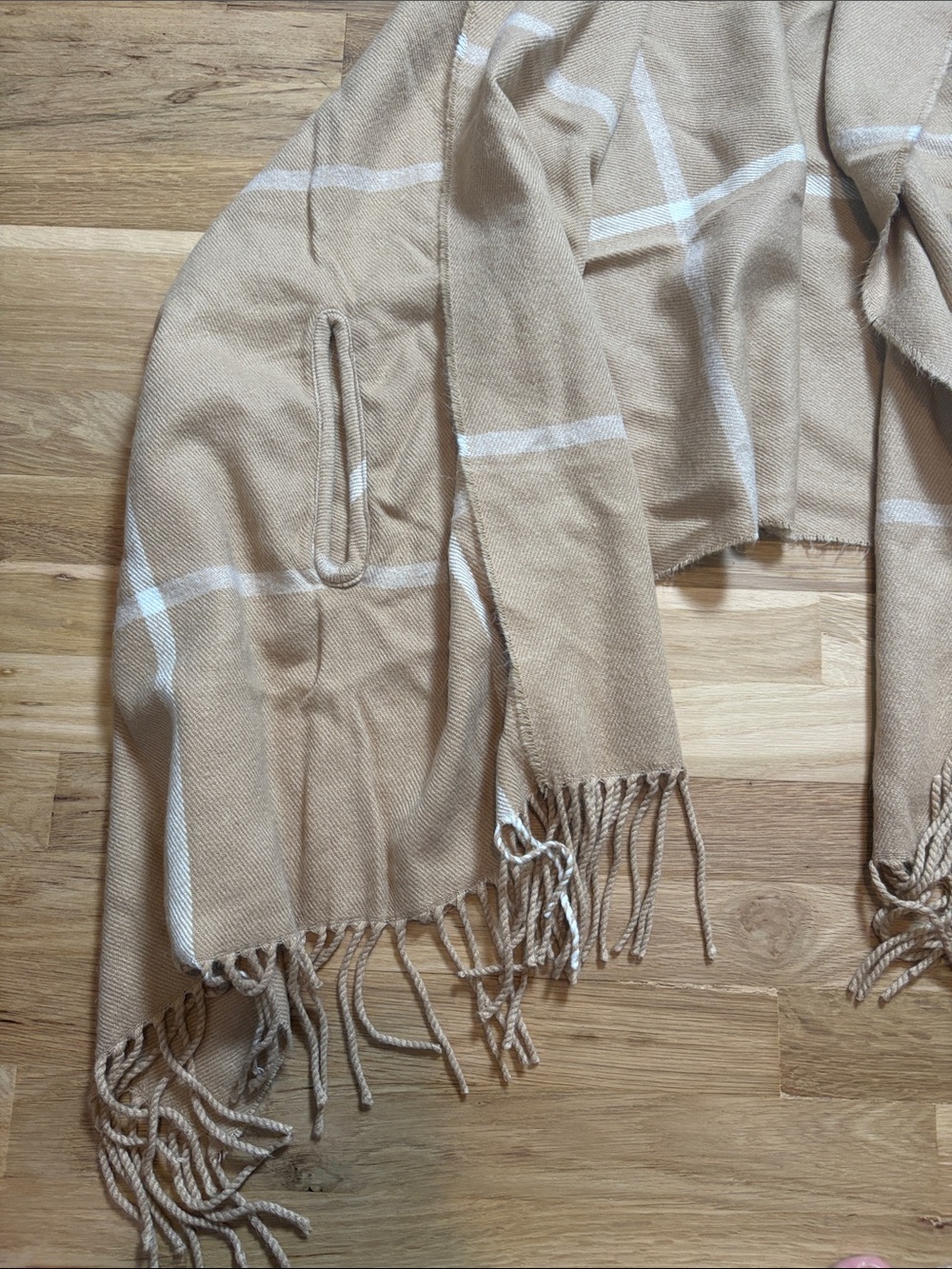 Beige Plaid Fringe Draped Open Cardigan Cape Poncho with Armholes OS - Picture 2 of 7